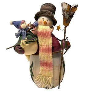 Snowman Holding Little Baby Snowman and Broom Doorstop 10"